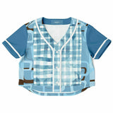 Blue Geo Patchwork Cropped Button Front Jersey Cropped Baseball Jersey - AOP - Thathoodyshop