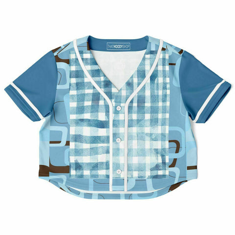 Blue Geo Patchwork Cropped Button Front Jersey Cropped Baseball Jersey - AOP - Thathoodyshop