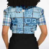 Blue Geo Plaid SW Crop Sweater Cropped Short Sleeve Sweater - Thathoodyshop