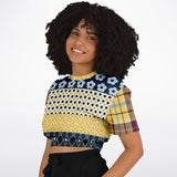 Royal Flush Blue Patchwork Short Sleeve Cropped Sweater Cropped Short Sleeve Sweater - Thathoodyshop
