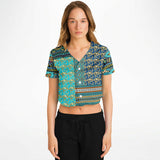 Many Blessings Patchwork Print Cropped Button Front Jersey Cropped Baseball Jersey - Thathoodyshop