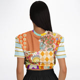 Happy Valley Retro Floral Patchwork Short Sleeve Cropped Eco-Poly Sweater Cropped Short Sleeve Sweater - Thathoodyshop