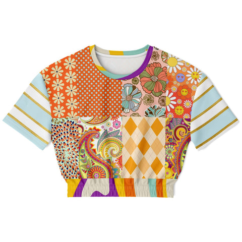 Happy Valley Retro Floral Patchwork Short Sleeve Cropped Eco-Poly Sweater Cropped Short Sleeve Sweater - Thathoodyshop