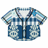 Blue Agadir Floral Stripe Cropped Button Front Jersey Cropped Baseball Jersey - Thathoodyshop