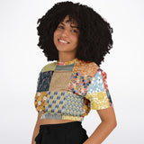 Tallulah Bankhead Patchwork Quilt Short Sleeve Cropped Eco-Poly Sweater Cropped Short Sleeve Sweater - Thathoodyshop