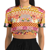 Yogananda Striped Floral Patchwork Short Sleeve Cropped Eco-Poly Sweater Cropped Short Sleeve Sweatshirt - Thathoodyshop