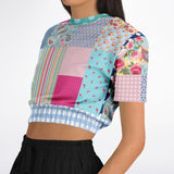 Pink Sherbert Floral Patchwork Plaid Cropped Sweater Cropped Short Sleeve Sweater - Thathoodyshop