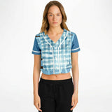 Blue Geo Patchwork Cropped Button Front Jersey Cropped Baseball Jersey - AOP - Thathoodyshop