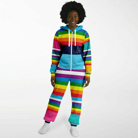 Blue Horizon Rainbow Stripe Fleece Unisex Romper Fleece Jumpsuit - Thathoodyshop