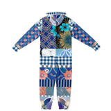 Blue Andalusian Floral Plaid Patchwork Fleece Unisex Romper Fleece Jumpsuit - Thathoodyshop