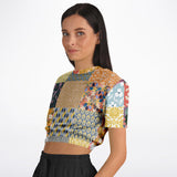 Tallulah Bankhead Patchwork Quilt Short Sleeve Cropped Eco-Poly Sweater Cropped Short Sleeve Sweater - Thathoodyshop
