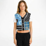 Pacific Palisades Patchwork Cropped Button Front Jersey Cropped Baseball Jersey - Thathoodyshop