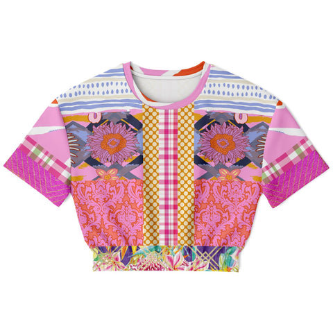 Bahama Mama Purple Floral Plaid Short Sleeve Cropped Sweater Cropped Short Sleeve Sweatshirt - Thathoodyshop