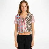 Pink Geo Patchwork Cropped Button Front Jersey Cropped Baseball Jersey - Thathoodyshop