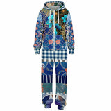 Blue Andalusian Floral Plaid Patchwork Fleece Unisex Romper Fleece Jumpsuit - Thathoodyshop