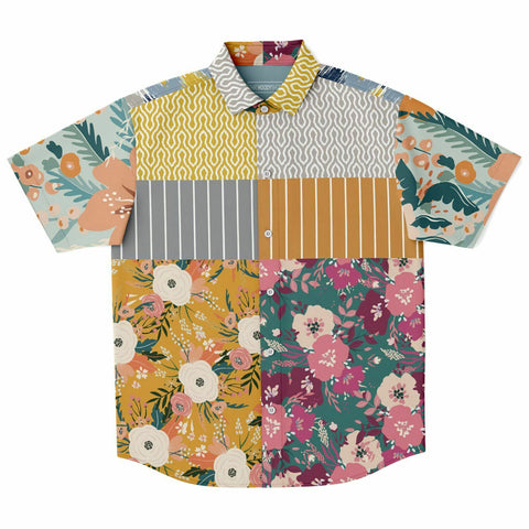 Tallulah Bankhead Floral Ikat Patchwork Short Sleeve Button Down Shirt Short Sleeve Button Down Shirt - Thathoodyshop