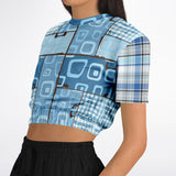Blue Geo Plaid SW Crop Sweater Cropped Short Sleeve Sweater - Thathoodyshop