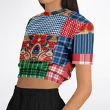Busan Fleur Floral Plaid Patchwork Cropped Sweater Cropped Short Sleeve Sweater - Thathoodyshop