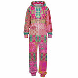 Gypsy Beat Pink Floral Patchwork Unisex Fleece Romper Fleece Jumpsuit - Thathoodyshop